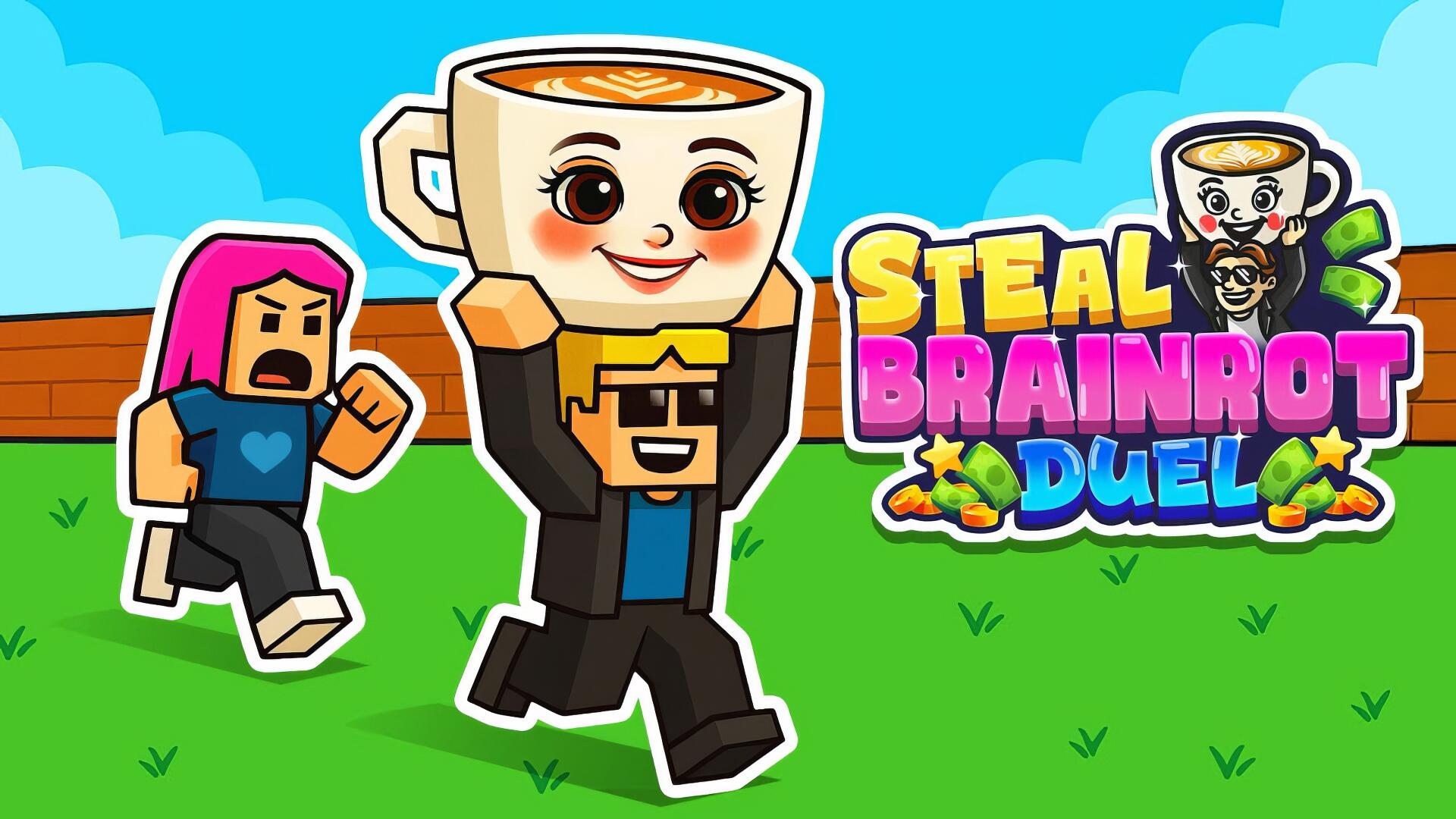 Colorful cartoon from Steal Brainrot Duel: blocky hero carries a smiling coffee-cup Ballerina Cappucina while another character chases across a grassy field, game logo at right.