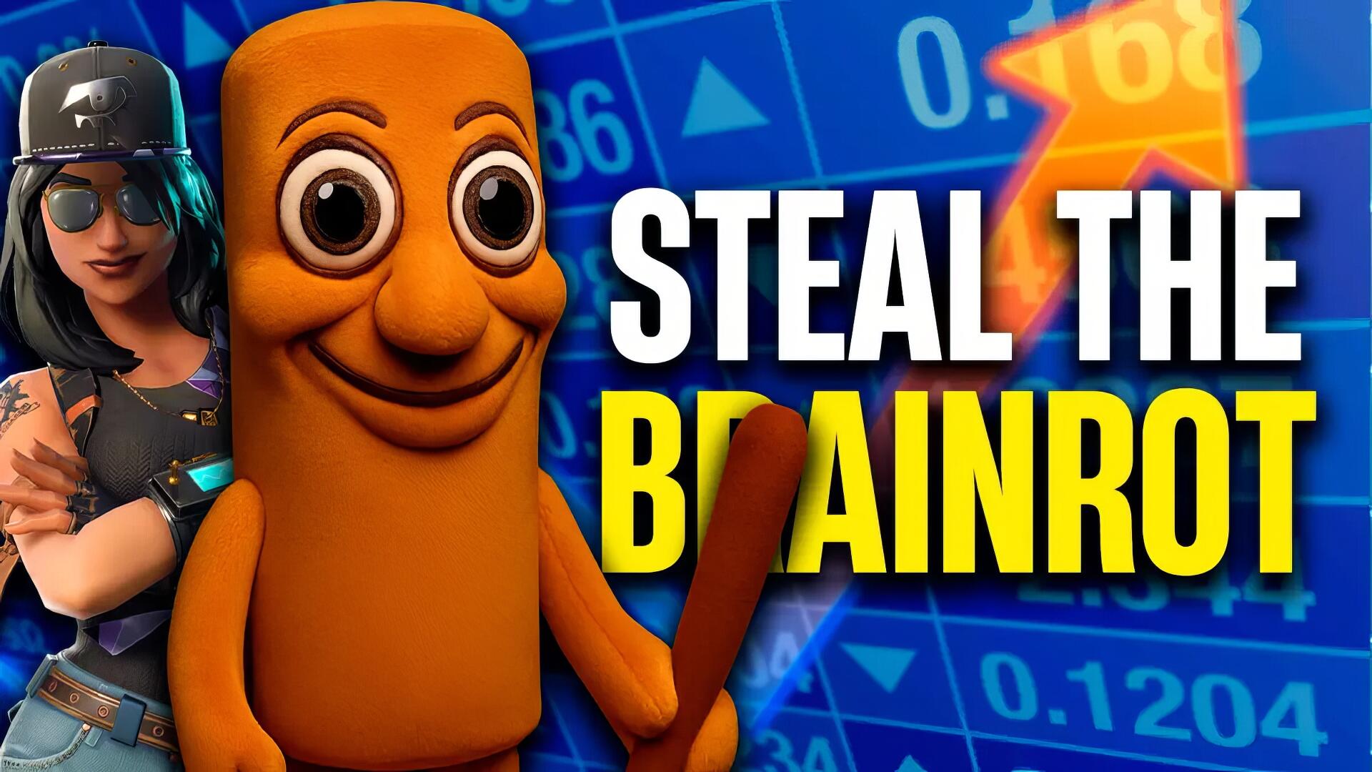 YouTube thumbnail: orange cartoon figure with big eyes holding a bat beside a soldier, bold headline STEAL THE BRAINROT on a blue stock-chart background and Tung Tung Tung Sahur.