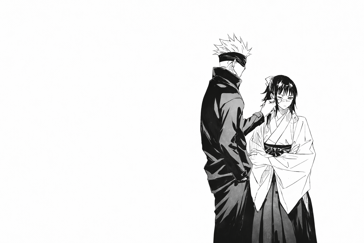 Black-and-white manga panel of a tall blindfolded man gently touching the chin of a smiling woman in a traditional kimono, both standing at the right with wide empty white space to the left.