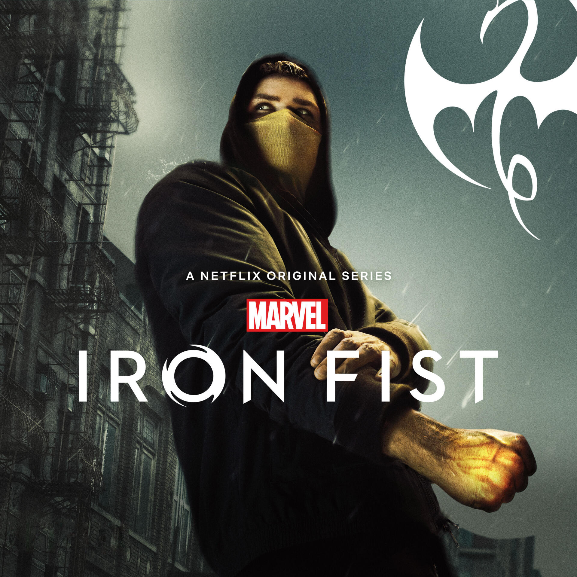 Poster for Marvel's Iron Fist TV show: hooded, masked Iron Fist (from Marvel Comics) with a glowing fist over a gritty cityscape, Netflix and Marvel logos visible.