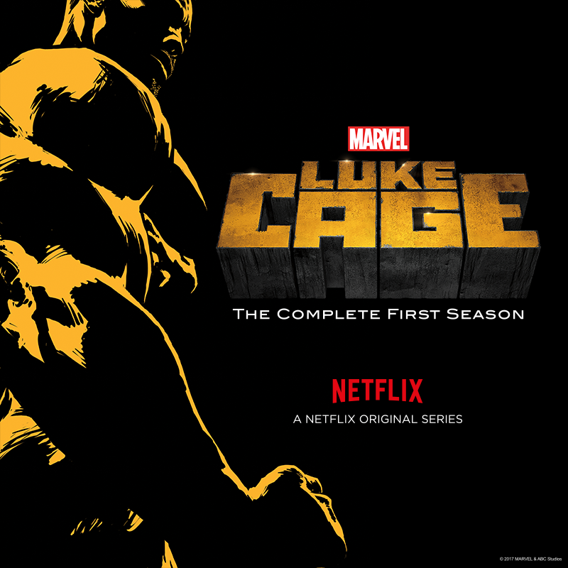 Poster for Marvel's Luke Cage TV show: yellow-and-black silhouette of the hero, bold Luke Cage title and Netflix logo.