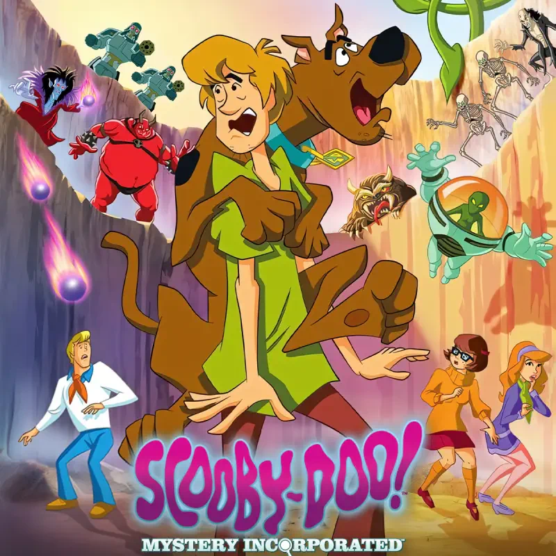 Promotional art for the TV show Scooby-Doo! Mystery Incorporated: Shaggy and Scooby center stage with the Mystery Inc. gang and colorful monsters in a canyon backdrop.