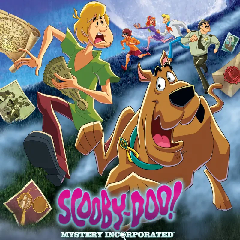 Promotional art for the Scooby-Doo! Mystery Incorporated TV show: Scooby and Shaggy sprinting scared as the gang and mystical medallions swirl behind them.