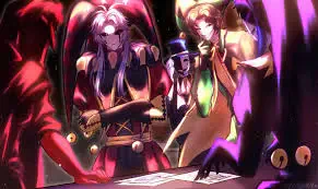 Yandere harlequin and mournful pierrot flank grotesque circus performers in a dark The Freak Circus tableau, eyes glinting as they loom over a table.