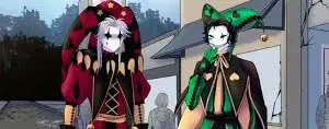 Two harlequin/pierrot jesters in red‑black and green‑black outfits, pale faces and unsettling yandere smiles, standing outside a sign for The Freak Circus.