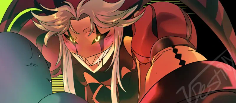 Grinning yandere Pierrot with sharp teeth and glowing yellow eyes lunges forward amid swirling circus colors — The Freak Circus aesthetic, menacing and playfully sinister.