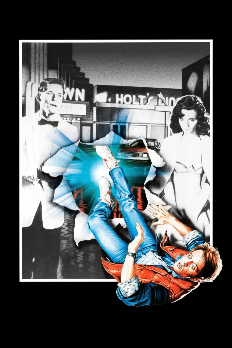 Back to the Future poster: man in red vest falling through a ripped white frame with blue sparks, DeLorean behind him and two monochrome figures in the background.