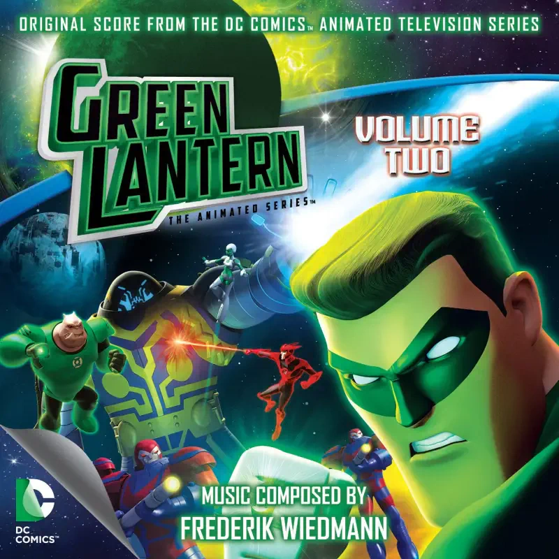 Cover art for Green Lantern: The Animated Series (TV show) — close-up of a glowing Green Lantern face with teammates and cosmic battle scene, with Volume Two title.