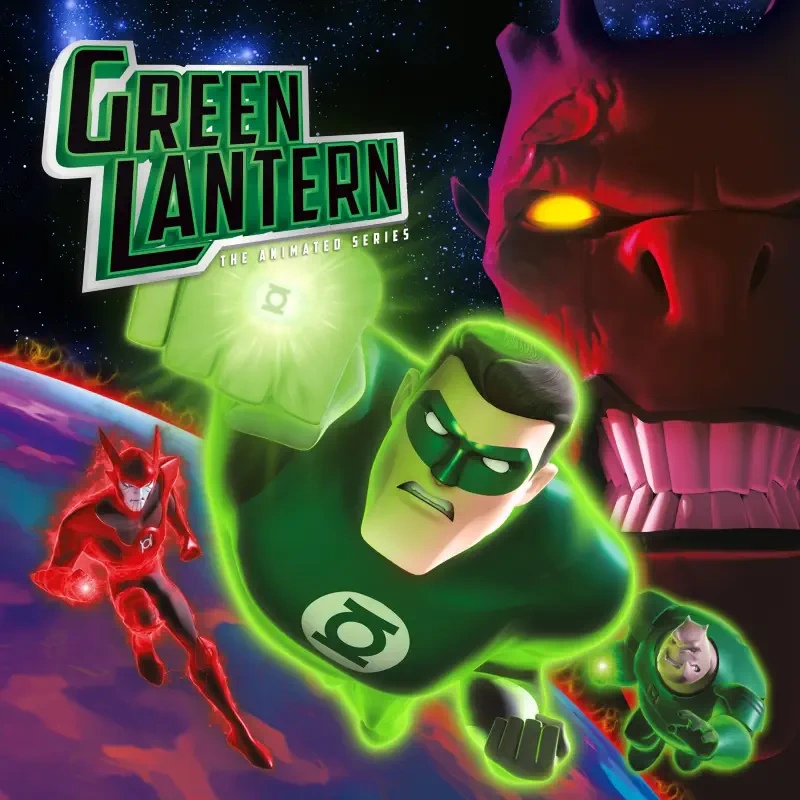 Green Lantern soars with glowing ring constructs as allies face a red, skull-faced enemy in space — Green Lantern: The Animated Series (TV show).