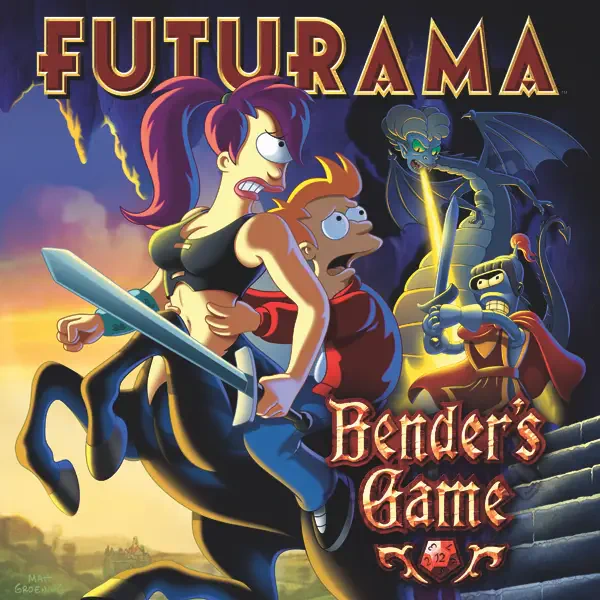 Futurama (TV show) poster: Leela brandishing a sword while holding Fry, Bender as an armored warrior with a dragon looming behind them; the subtitle Bender's Game beneath the Futurama logo.