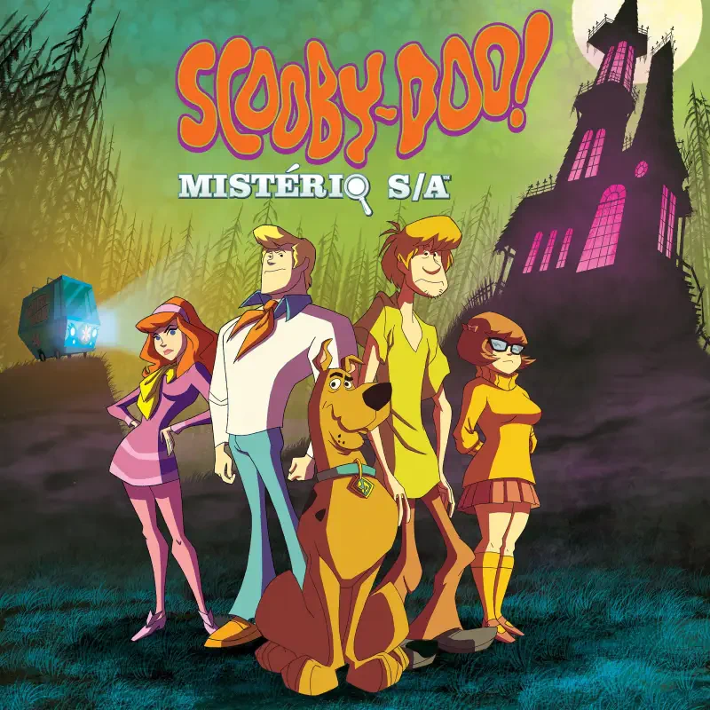 Cast of the TV show Scooby-Doo! Mystery Incorporated — Scooby, Shaggy, Fred, Daphne and Velma stand together in front of a moonlit, spooky mansion.