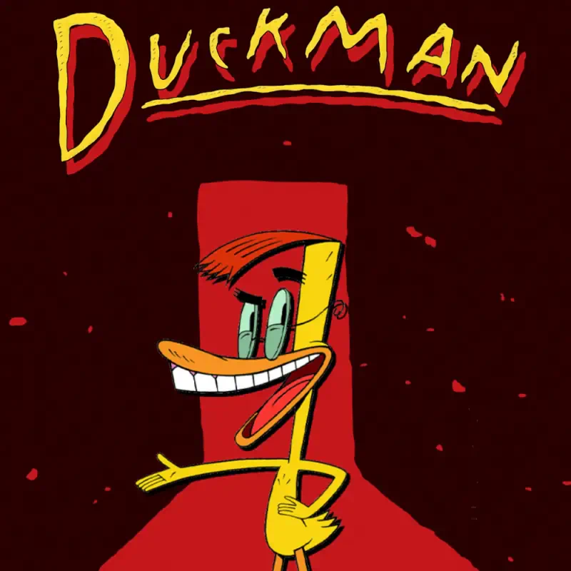 Duckman TV show poster: stylized yellow Duckman grinning broadly with an outstretched hand against a deep red backdrop beneath a bold hand-painted Duckman logo.