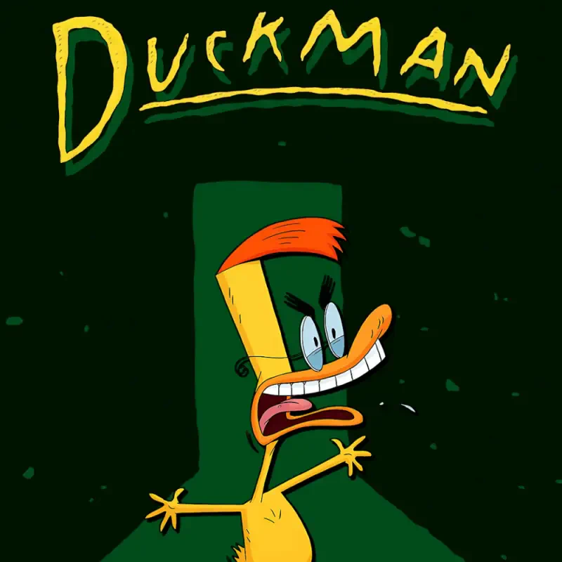 Cartoon poster of Duckman (TV show): a frantic yellow duck with a green head and orange beak, mouth agape beneath a bold Duckman title on a dark background.