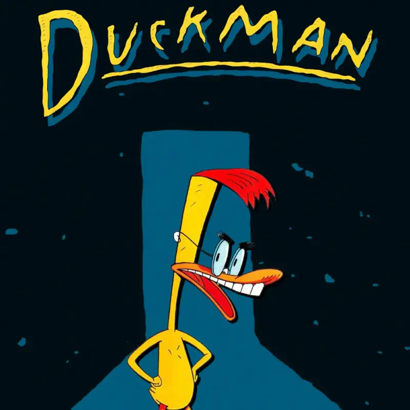 Duckman (TV show) poster: lanky yellow anthropomorphic duck with a red tuft, toothy grin and hands on hips beneath the stylized Duckman title on a dark background.