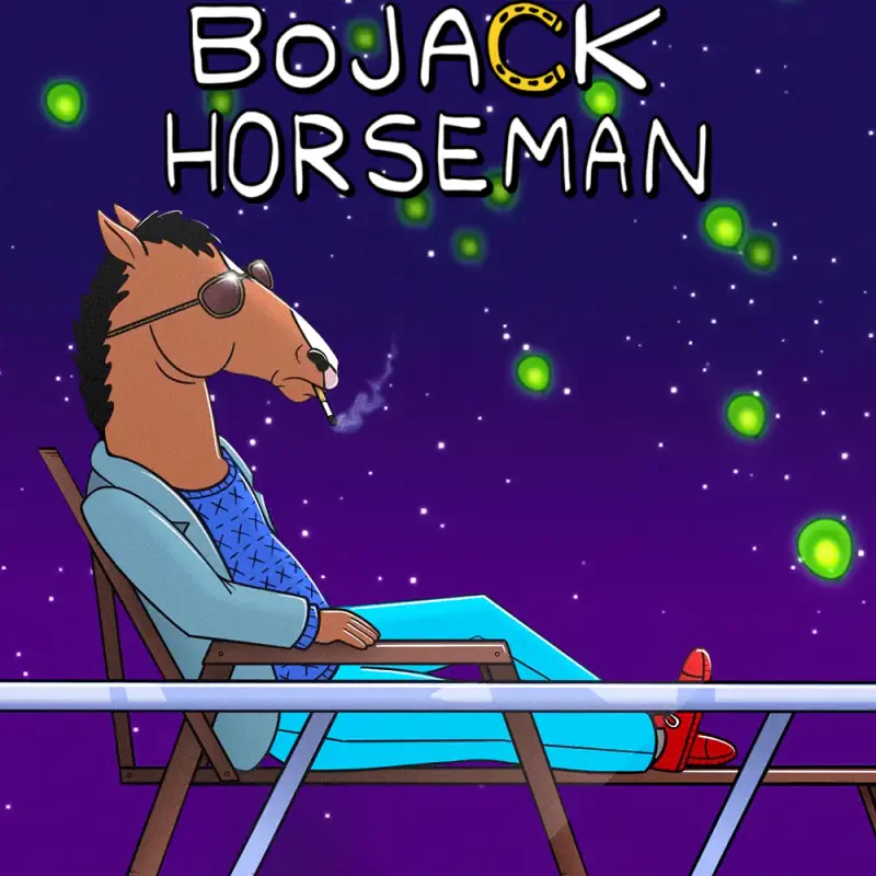 BoJack Horseman: anthropomorphic horse in sunglasses and sweater, reclining on a deck chair, smoking under a starry purple sky with glowing green orbs and the show title above.