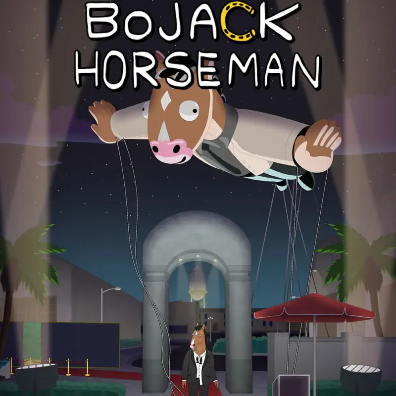 BoJack Horseman TV show image: giant BoJack parade balloon floats over a red‑carpet Hollywood arch at night, lit by spotlights and palm trees.