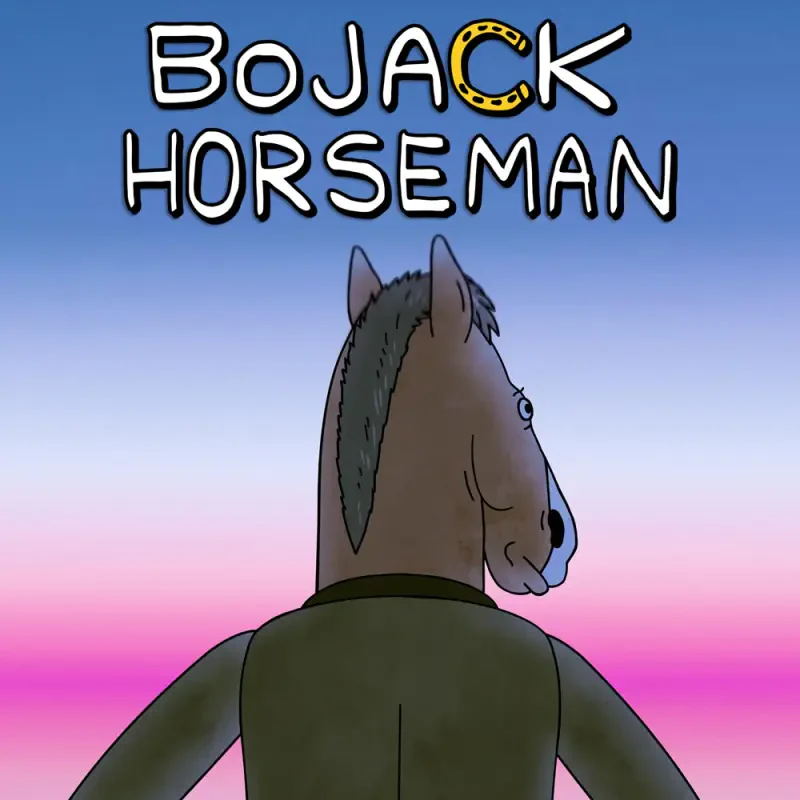 Title card for the TV show BoJack Horseman: the anthropomorphic horse protagonist in a jacket seen from behind, glancing over a pink-to-blue gradient sky with the show's title above.