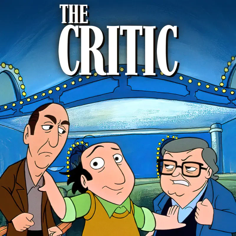 Poster for The Critic (TV show): three animated men inside a car, the central critic gesturing dramatically while two others look skeptical beneath a lit marquee.