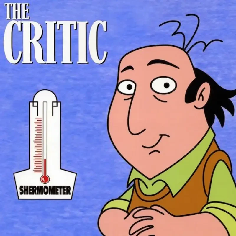 Cartoon promotional image for TV show The Critic: character Jay Sherman with clasped hands, a Shermometer gauge beside him and the show's title on a blue background.