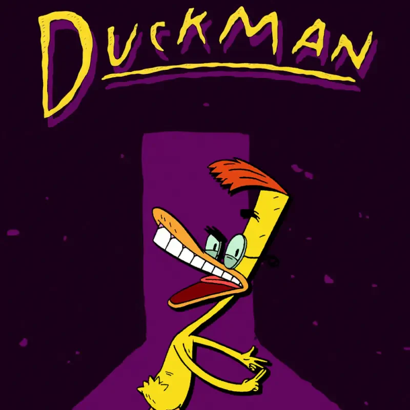 Duckman TV show character grins wildly in a purple doorway beneath the show's title.