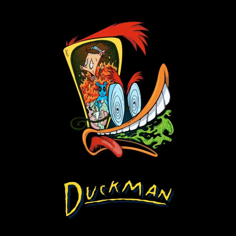 Colorful stylized Duckman TV show logo: an exaggerated grinning duck head with a chaotic collage of characters and flames inside, green drool and the Duckman title on a black background.