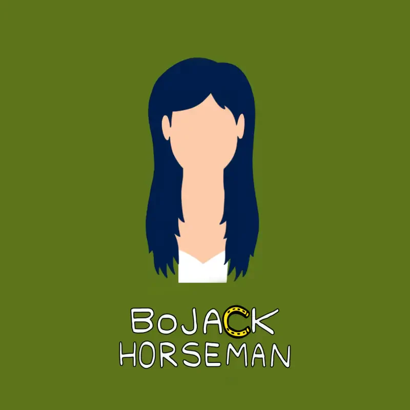 Minimalist illustration of a faceless woman with long dark hair above the logo from the TV show BoJack Horseman on a green background.
