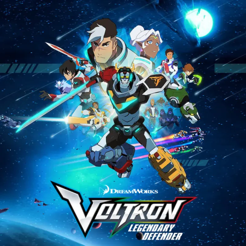 Promotional poster for Voltron: Legendary Defender (TV show) with the five paladins, their robotic lions and the assembled Voltron charging through a starry space backdrop.
