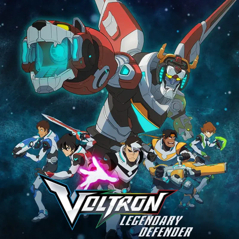Voltron Legendary Defender TV show: the five Paladins with glowing weapons surround the assembled Voltron robot against a starry space backdrop.