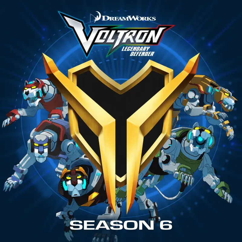 Promotional art for Voltron: Legendary Defender (TV show) Season 6 — a gold Voltron emblem centered with the five robotic lion mechs arranged around it on a blue cosmic background.