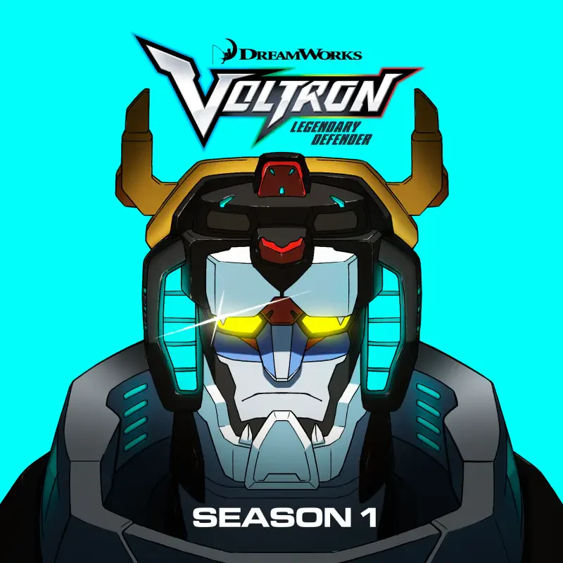 Voltron Legendary Defender TV show poster: close-up of Voltron's helmeted face with glowing eyes, series logo above and Season 1 text.