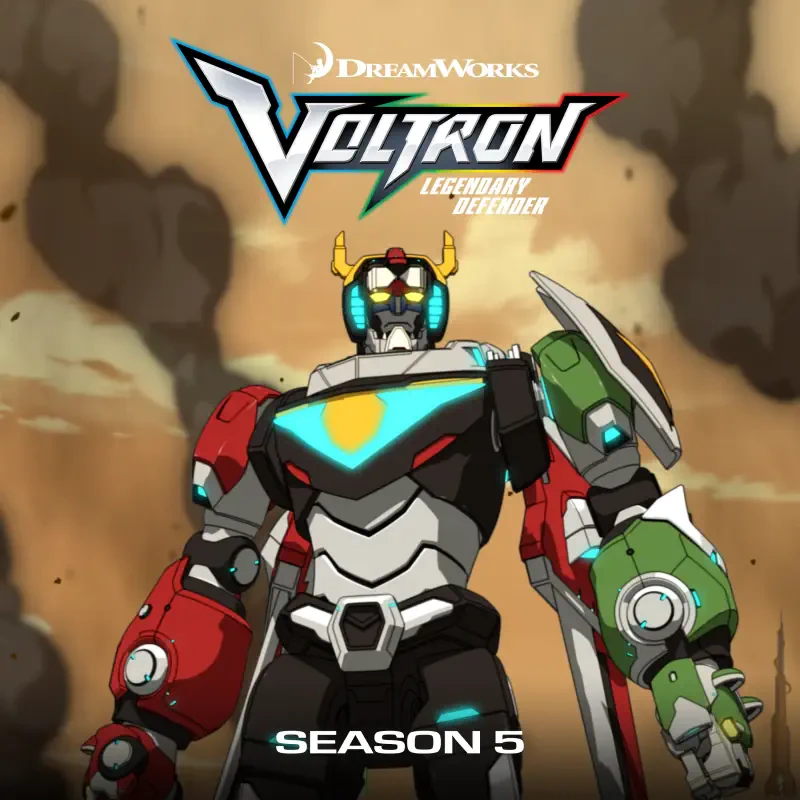 Voltron: Legendary Defender TV show poster — armored Voltron stands amid smoke, Season 5 and DreamWorks logos visible.