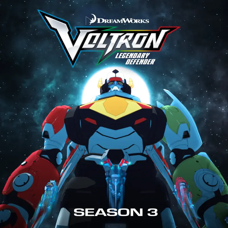 Voltron: Legendary Defender (TV show) season 3 poster — low-angle view of the Voltron robot standing before a glowing planet and starfield with the series logo above.