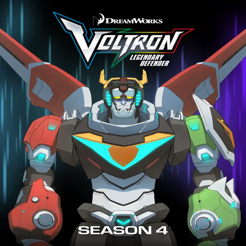 Voltron Legendary Defender TV show poster featuring the Voltron robot with glowing chest emblem, red and green armored arms, and Season 4 text.