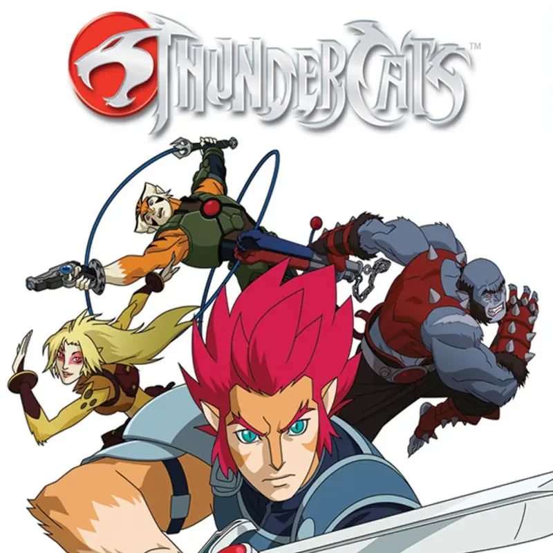 Thundercats (2011) TV show poster: Lion-O with raised sword front and center, Cheetara, Tygra and Panthro in dynamic poses behind him.