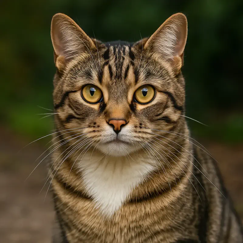 AI Art portrait of a tabby cat: a poised feline animal with golden eyes and a striped brown coat.