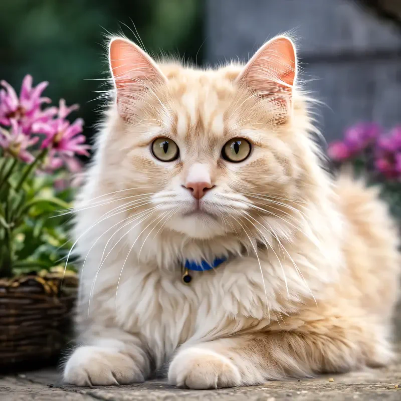 AI-art cream long-haired cat (feline) with a blue collar, reclining on a stone surface beside pink flowers — a serene animal portrait.