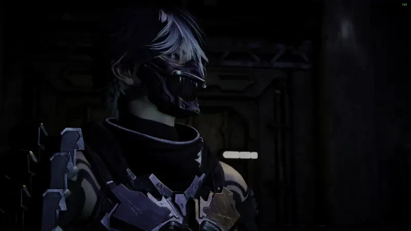 Dark, cybernetic ninja in armored suit and mask standing in a dim industrial corridor — artwork for the video game Ninja Gaiden 4.