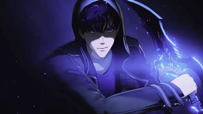 Hooded protagonist from the video game Solo Leveling: ARISE grips a glowing purple-blue blade, his shadowed face lit by swirling dark energy.