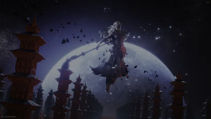 Where Winds Meet video game: a cloaked figure levitates before a massive moon, wind-blown debris and jagged temple spires silhouetted against a violet, starry sky.