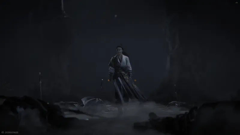 Moody concept art for the video game Where Winds Meet: lone warrior in traditional garb stands on a misty, debris-strewn battleground, sword drawn as wind stirs fog.