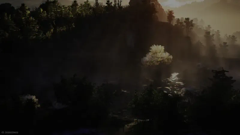 Misty mountain valley at dawn with sunbeams slicing through dense forest and a solitary illuminated tree on a ridge — scene from the video game Where Winds Meet.
