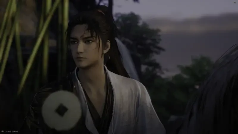 Where Winds Meet (video game): a young man in a white robe with dark tied-back hair gazes toward dusk amid bamboo and shadowed trees.