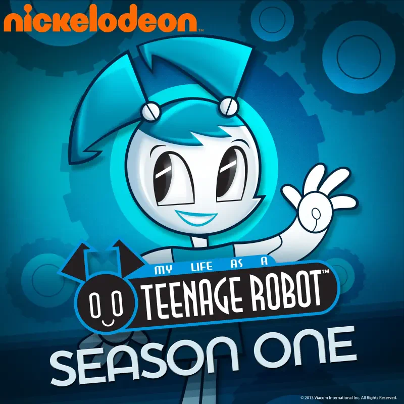 Nickelodeon image of Jenny, the blue robot from the TV show My Life as a Teenage Robot, waving above the Season One title with stylized gears in the blue background.