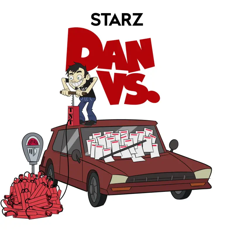 Promotional art for STARZ's Dan Vs. TV show: Dan stands on a red car pressing a TNT plunger beside a pile of dynamite and papers plastering the windshield.