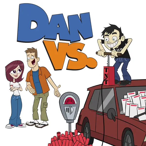 Dan Vs. TV show art — Dan rigs TNT to a parked car as two companions watch near a parking meter surrounded by dynamite sticks.