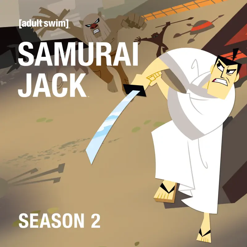TV show Samurai Jack: the samurai in a white kimono slashes with his sword at shadowy enemies; Season 2 text and [adult swim] logo visible.