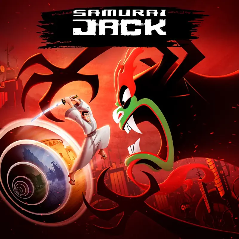 Art from the Samurai Jack TV show: Jack in a white kimono strikes with his sword at the shadowy, green-faced demon Aku against a dramatic red, cityscape background.