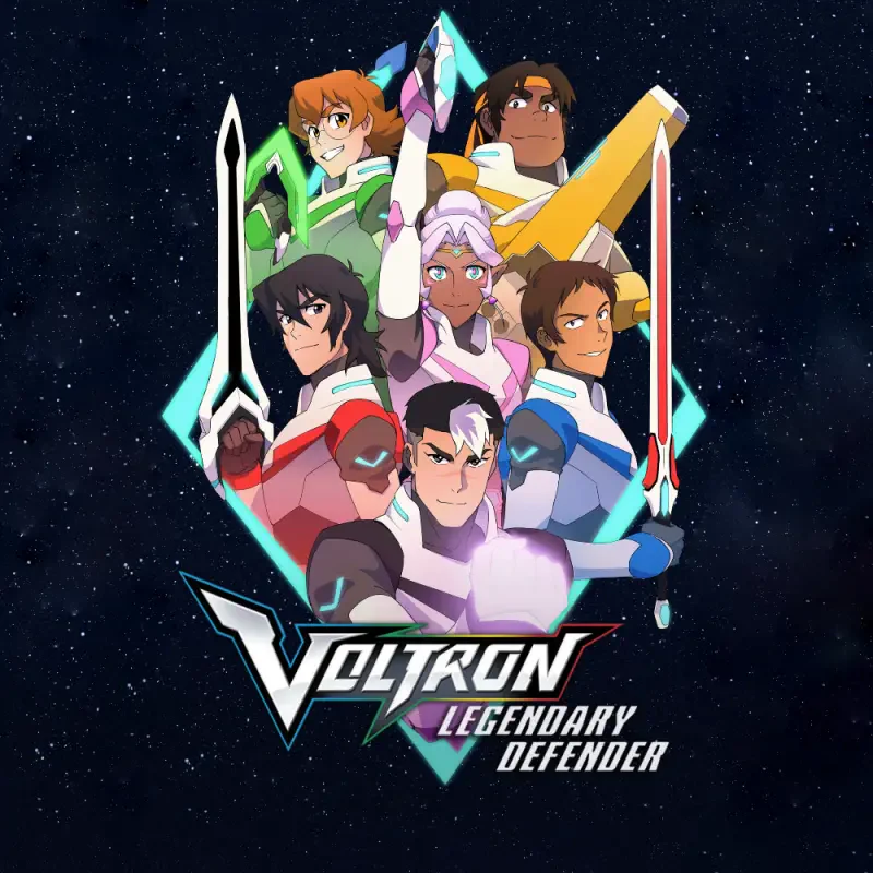 Promotional art for the TV show Voltron: Legendary Defender showing six Paladins in colored armor around a glowing crystal with the series logo.