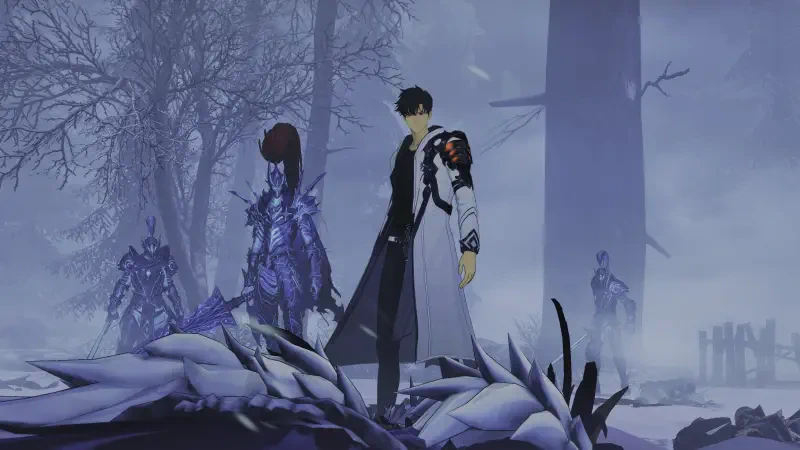 Solo Leveling: ARISE video game scene — a lone hunter in a long coat stands among slain shadow beasts in a foggy forest while spectral enemies loom in the mist.