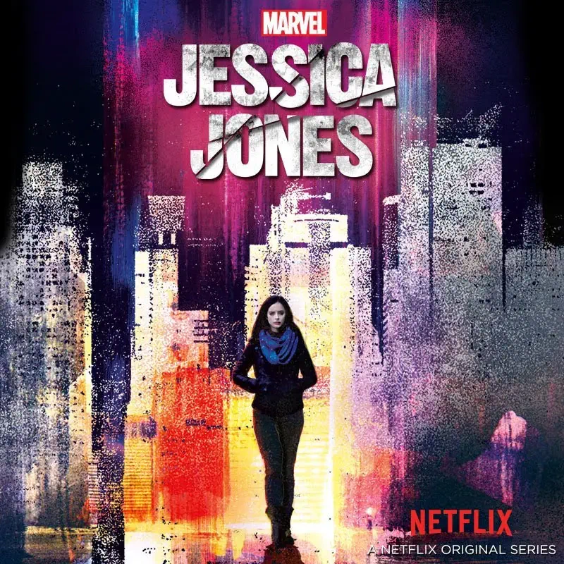 Promotional poster for the TV show Marvel's Jessica Jones: the lone figure of Jones walks toward the viewer against a neon, painterly city skyline, with Marvel and Netflix logos.